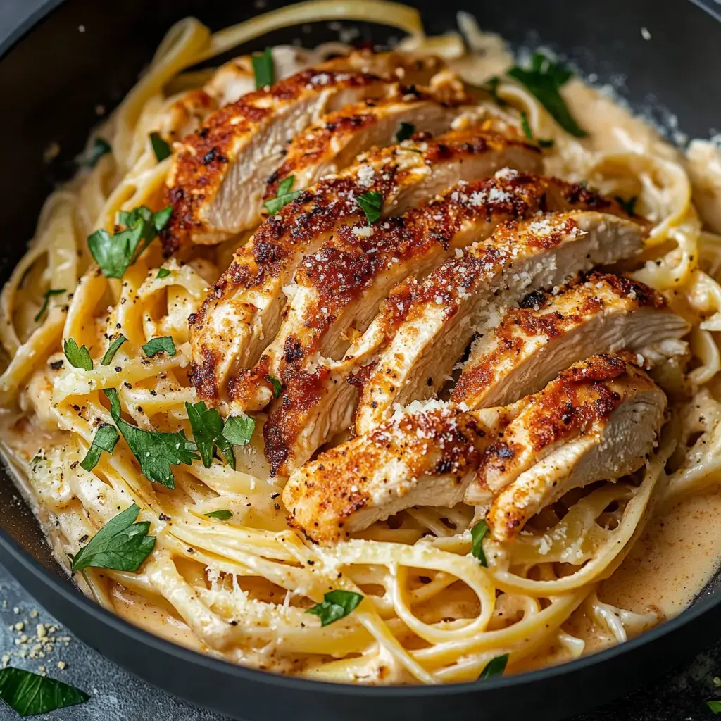 A plate of creamy fettuccine pasta topped with sliced, grilled chicken and garnished with parsley and grated cheese.