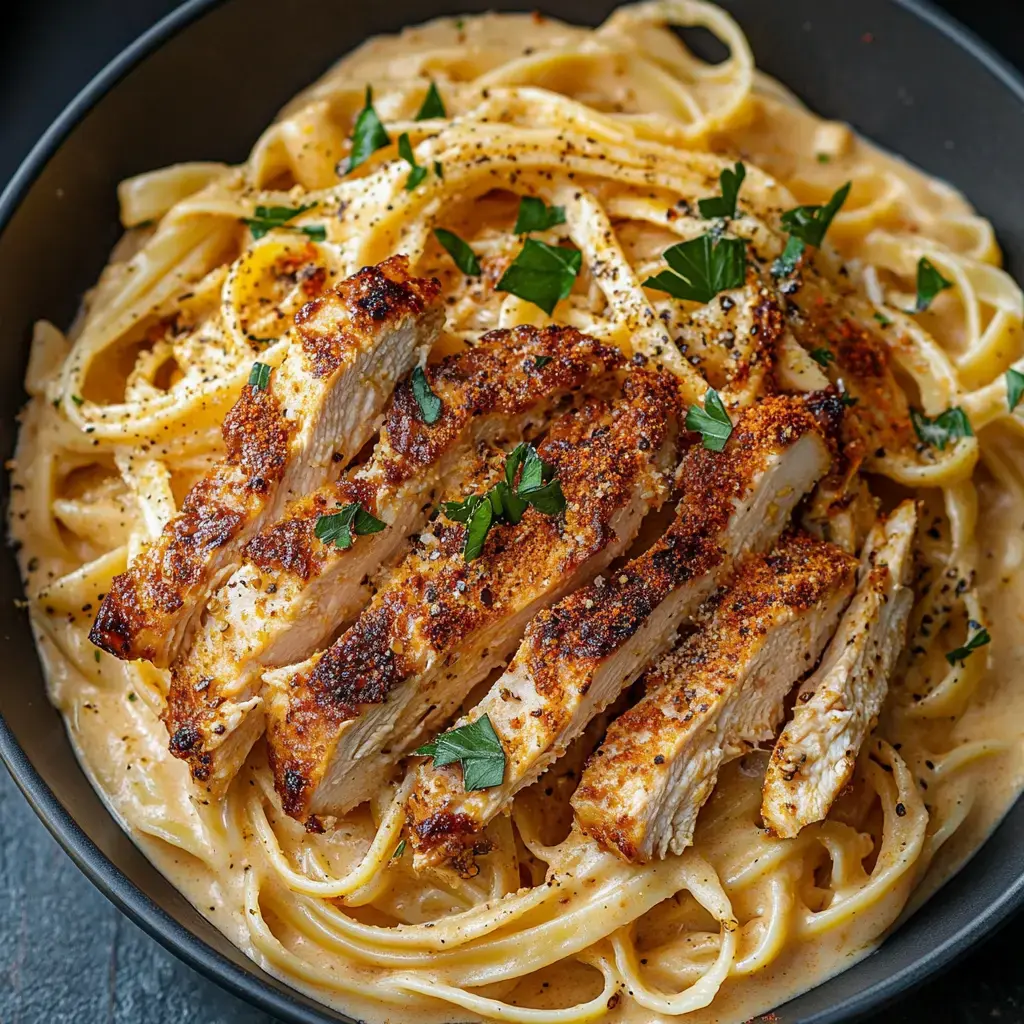 A bowl of creamy fettuccine pasta topped with sliced, crispy chicken and garnished with fresh parsley.