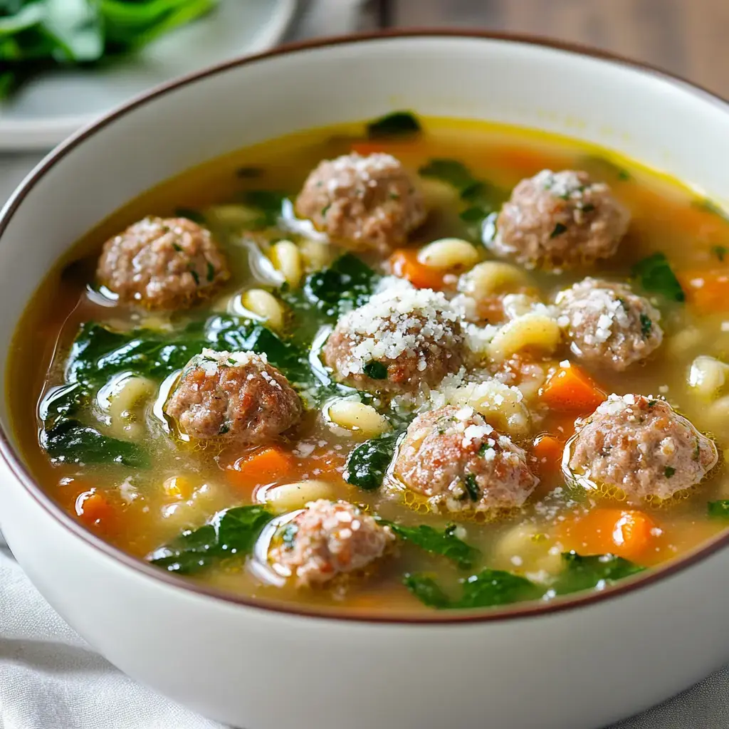 A bowl of hearty soup filled with meatballs, pasta, spinach, and diced carrots, topped with grated cheese.