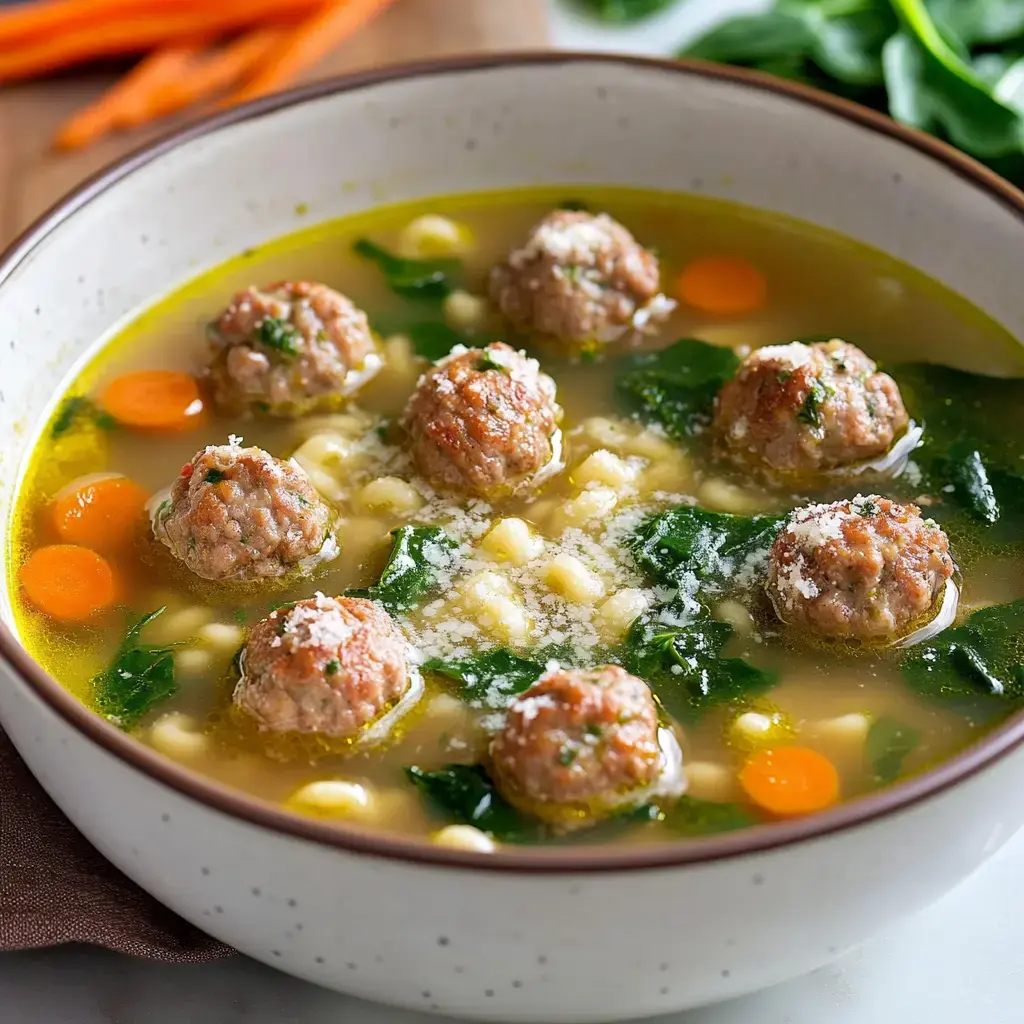 A bowl of soup containing meatballs, spinach, carrots, and pasta in a savory broth, garnished with grated cheese.