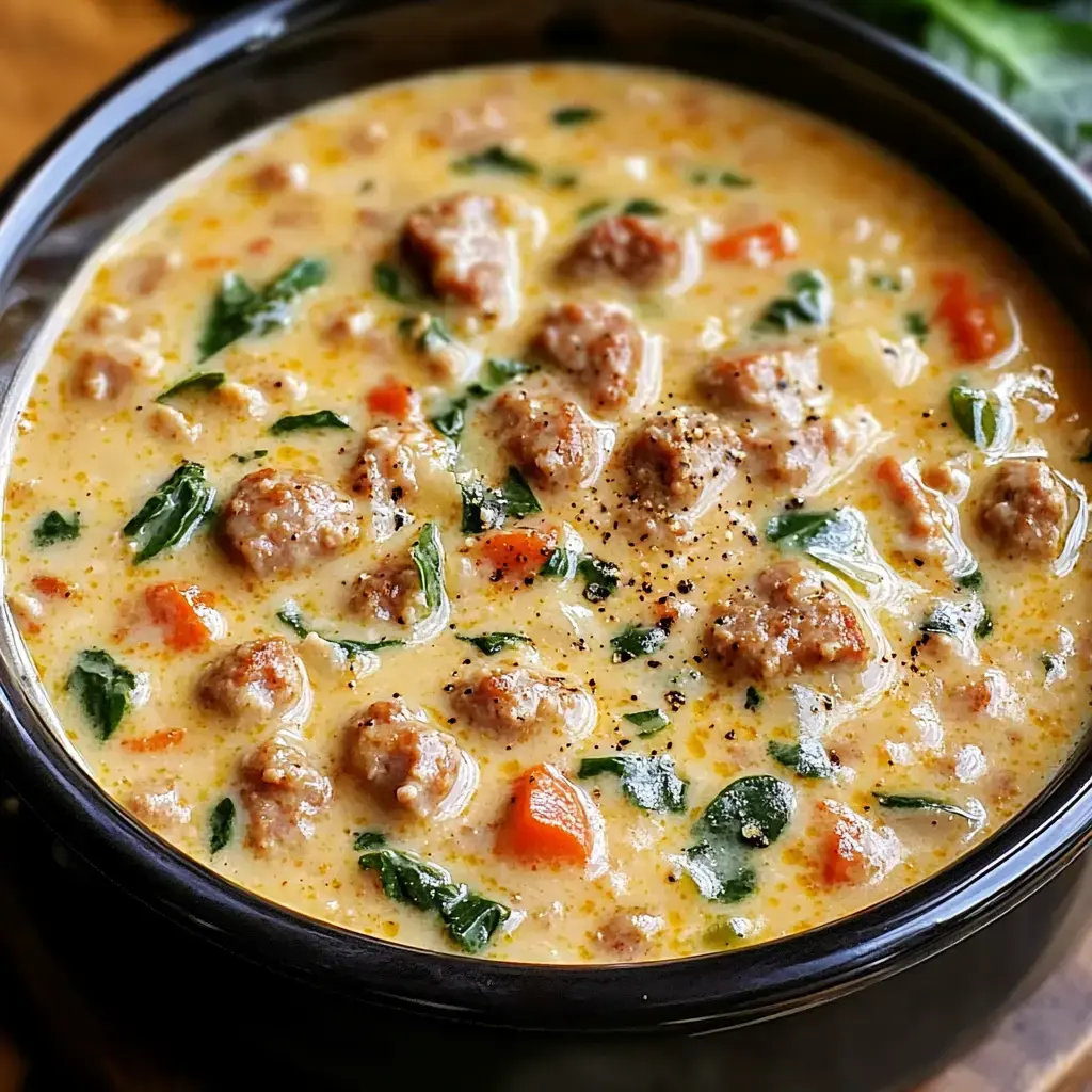 A creamy soup filled with ground meat, fresh spinach, and diced vegetables in a dark bowl.