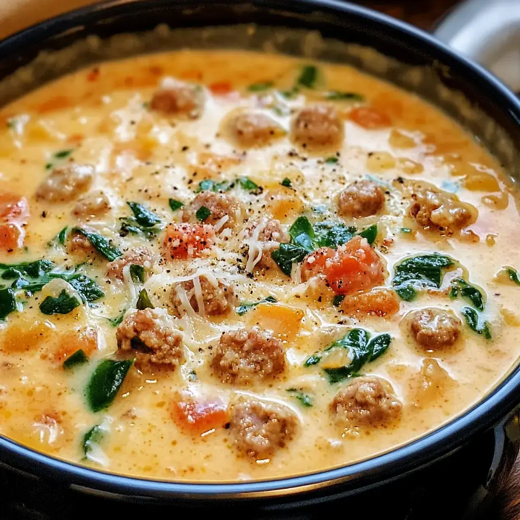 A bowl of creamy soup featuring meatballs, spinach, diced tomatoes, and herbs.