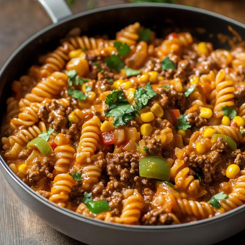 A close-up of a skillet filled with spiral pasta, ground beef, corn, bell peppers, and garnished with cilantro in a rich, savory sauce.