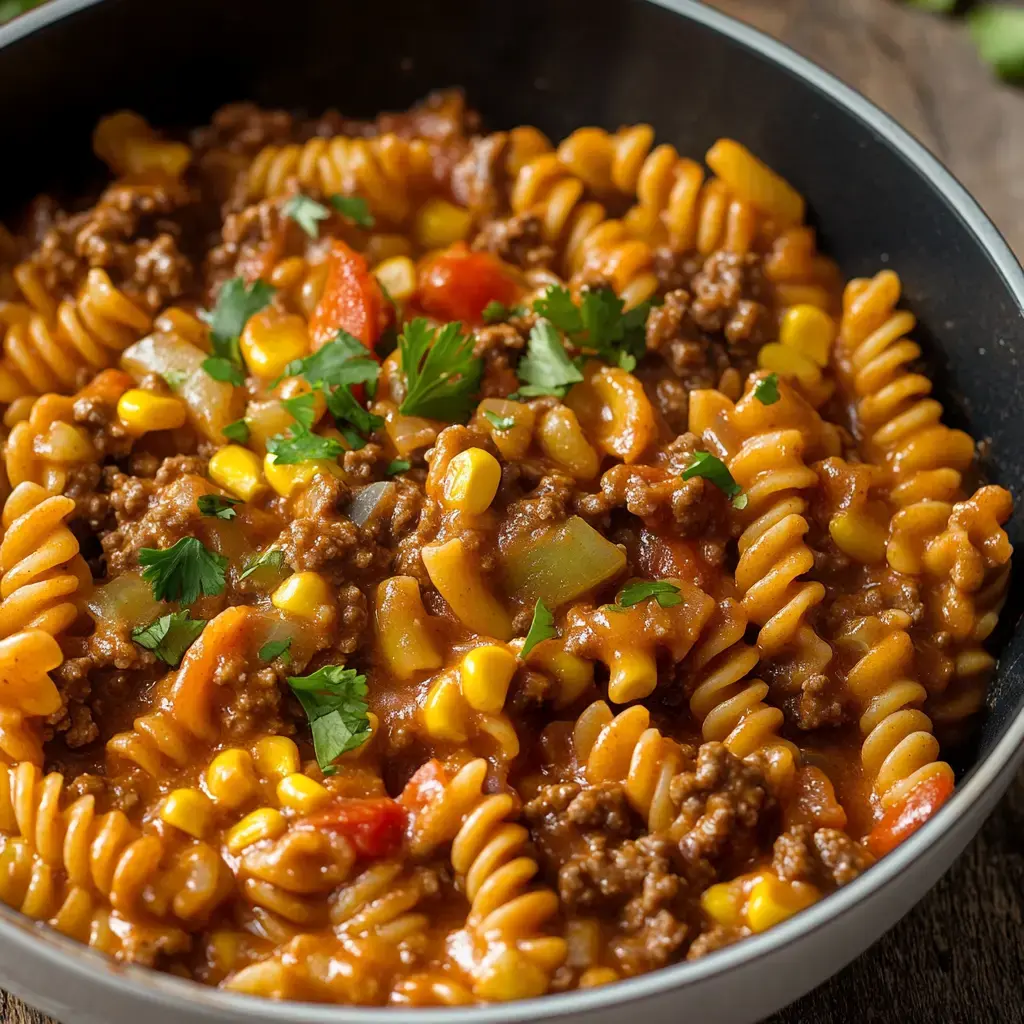 A close-up view of a bowl of rotini pasta mixed with ground beef, corn, diced vegetables, and garnished with fresh cilantro.