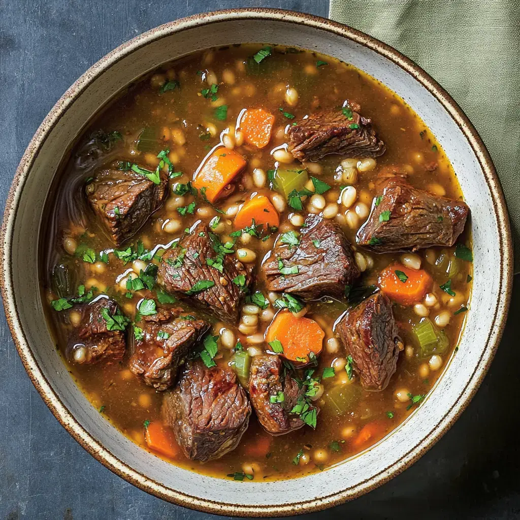 A bowl of hearty beef stew with tender meat, carrots, celery, barley, and garnished with fresh parsley.