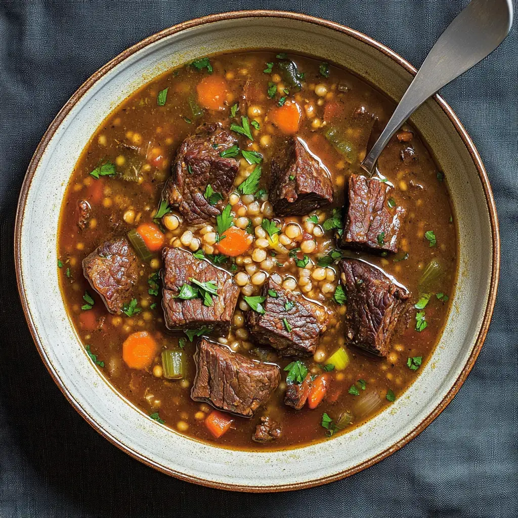 A bowl of hearty beef stew with tender meat chunks, carrots, celery, and grains, garnished with fresh parsley.