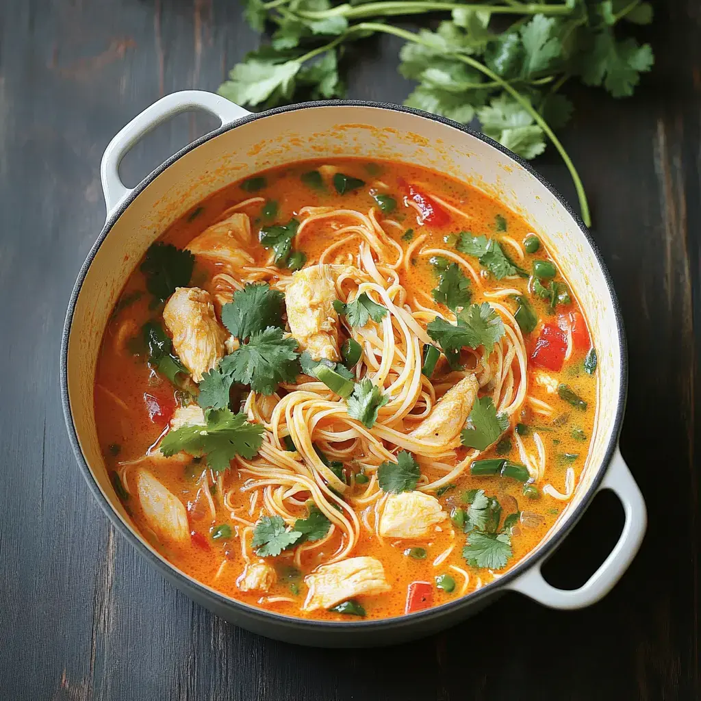 A pot of creamy noodle soup with chicken, vegetables, and fresh cilantro garnished on top.