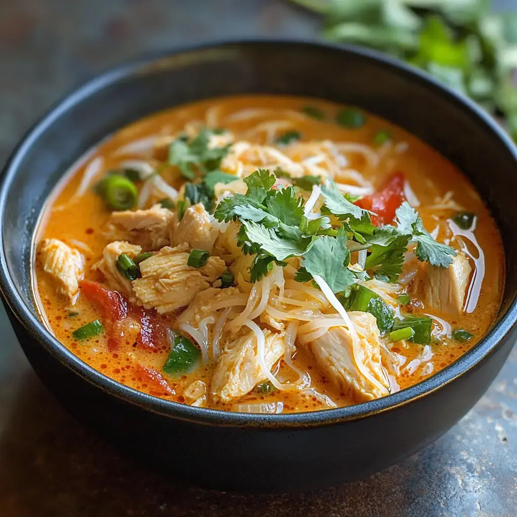 A bowl of creamy chicken noodle soup garnished with fresh cilantro and sliced green onions.