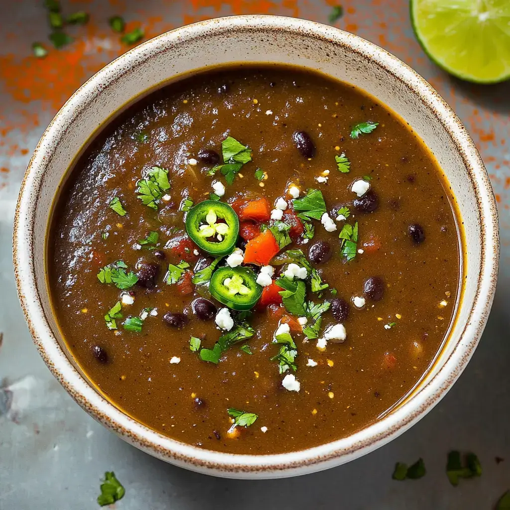 A bowl of black bean soup topped with green jalapeño slices, diced tomatoes, fresh cilantro, and crumbled cheese, set against a textured background.