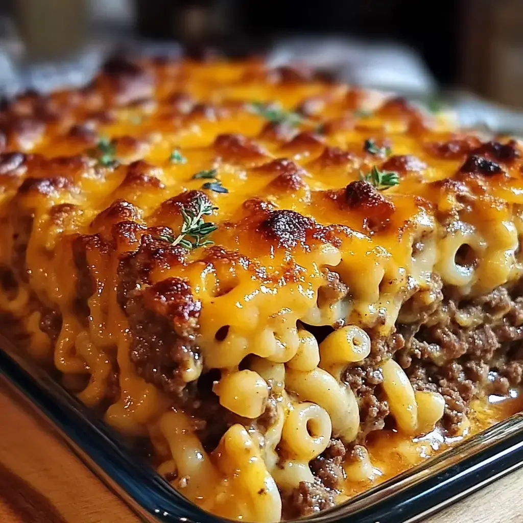 A delicious baked macaroni and cheese dish topped with melted cheddar and ground beef, garnished with fresh herbs.