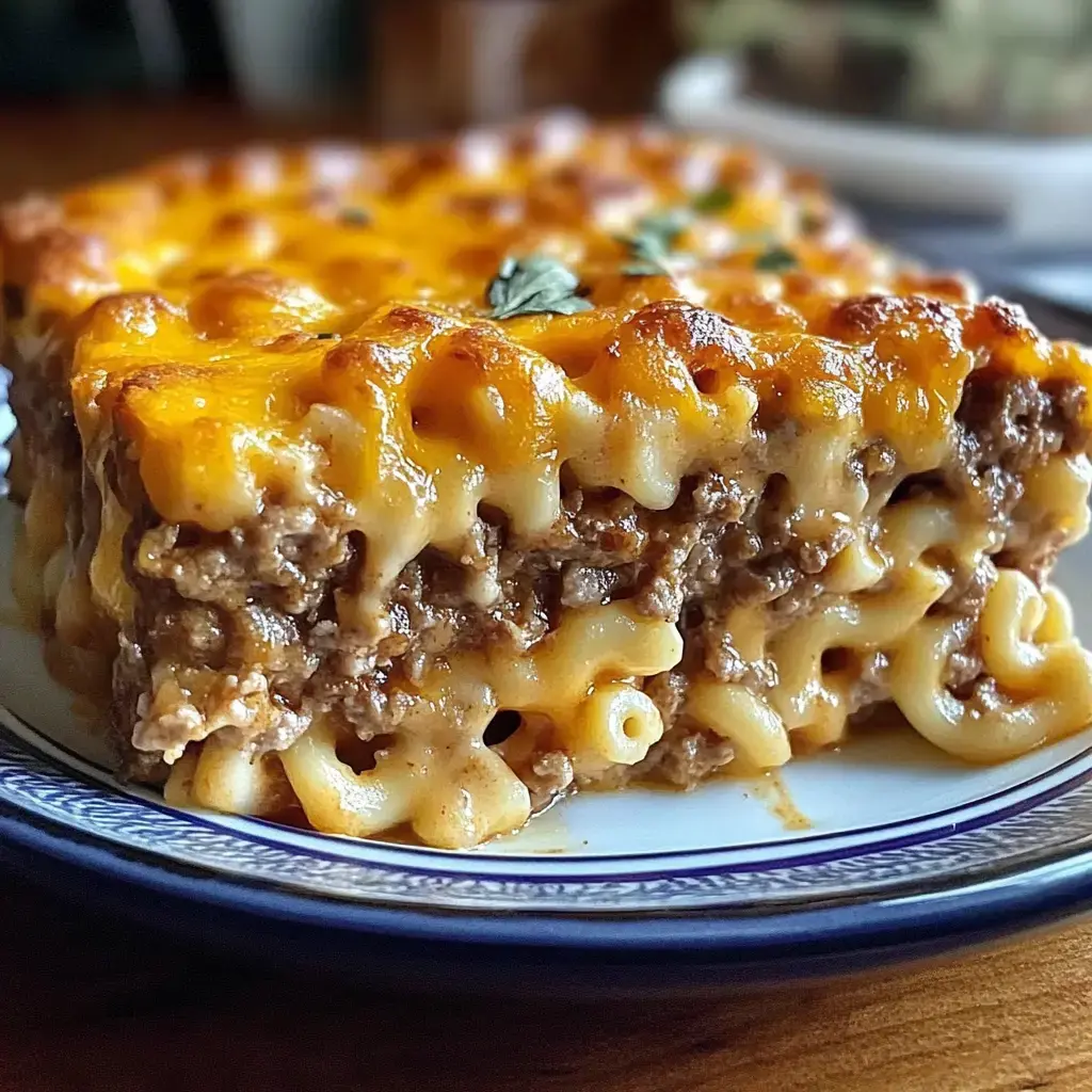 A close-up slice of cheesy beef lasagna with macaroni noodles, served on a plate.