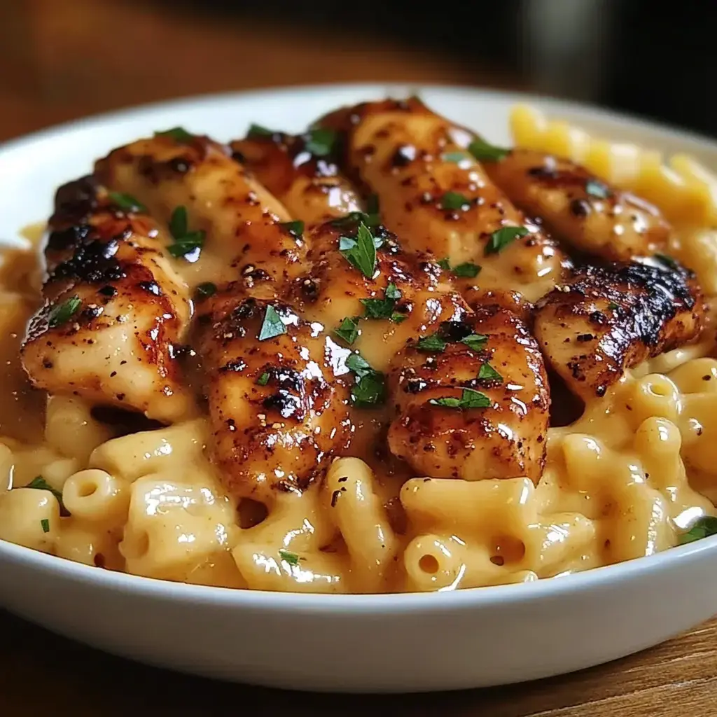 A bowl of mac and cheese topped with grilled chicken and garnished with chopped parsley.