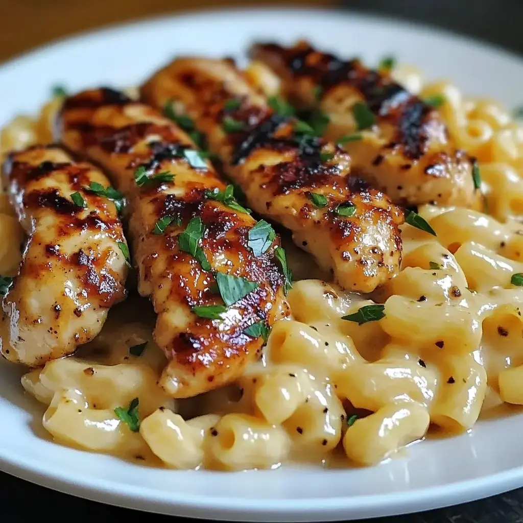 A plate of grilled chicken strips served over creamy macaroni and cheese, garnished with fresh parsley.