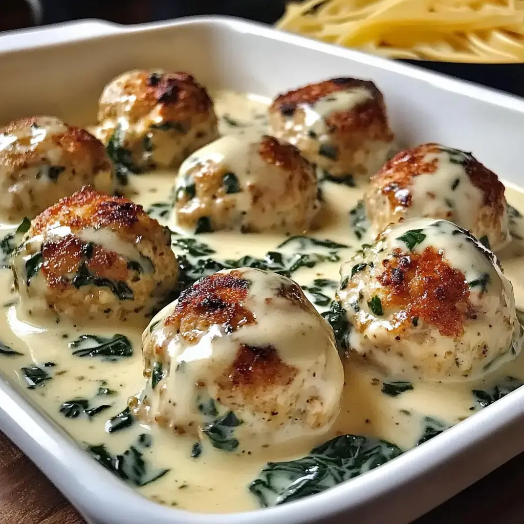 A close-up of golden-brown meatballs served in a creamy sauce with spinach in a white dish.