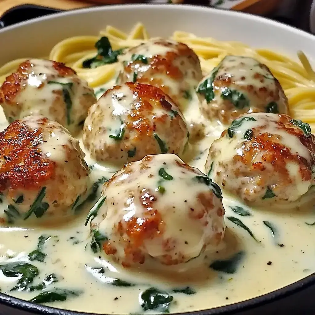 A close-up of six golden-brown meatballs coated in creamy sauce and spinach, served over a bed of spaghetti.