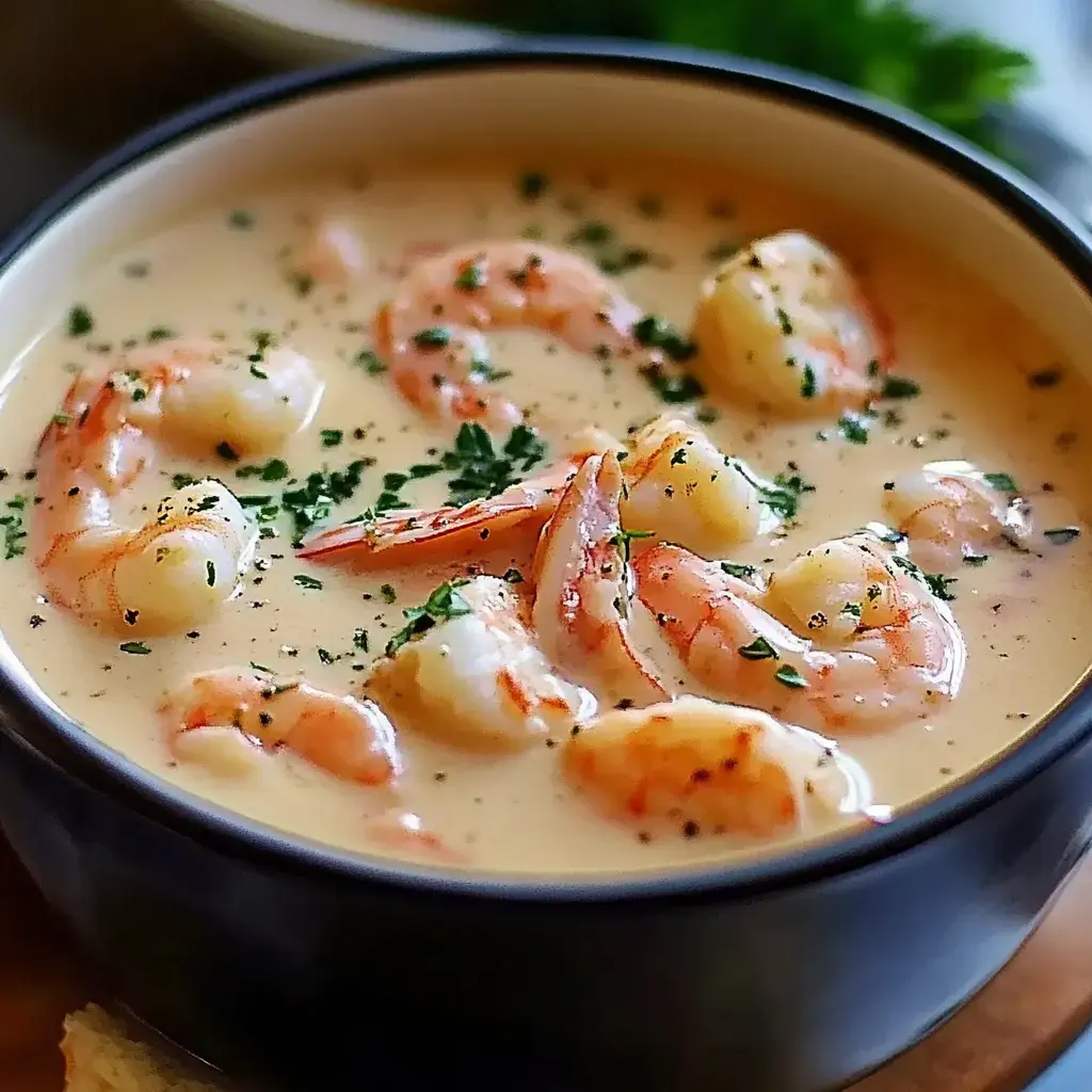 A creamy shrimp soup with pieces of shrimp and garnished with parsley sits in a black bowl.