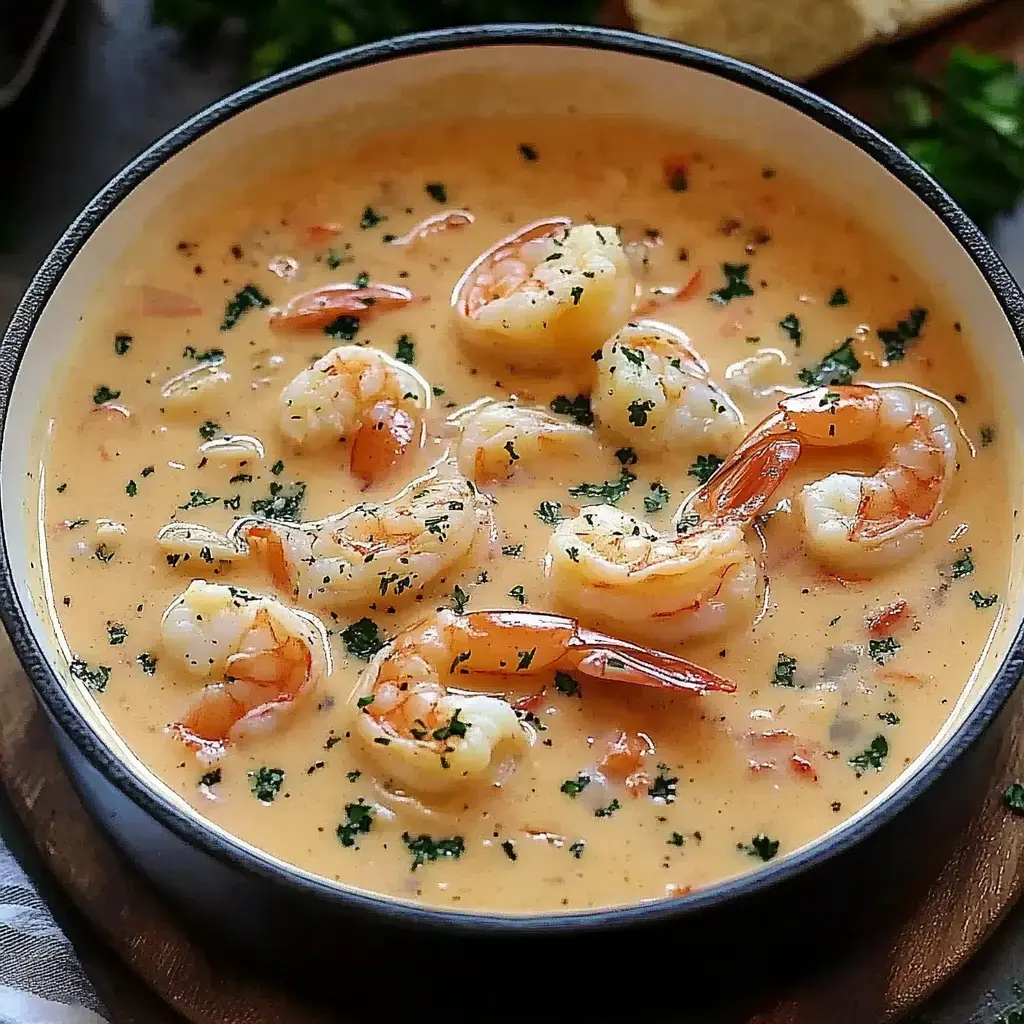 A bowl of creamy shrimp soup garnished with herbs.