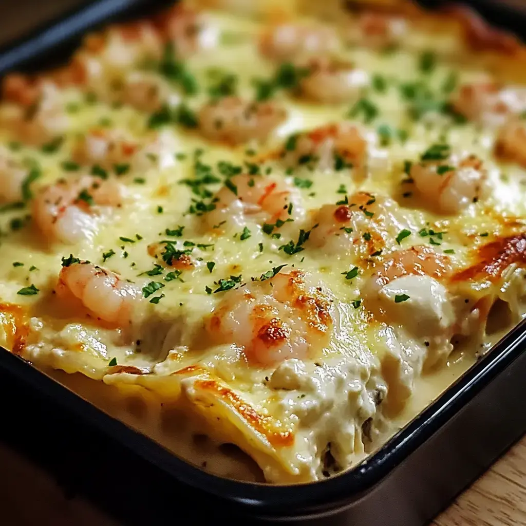 A close-up of a baked seafood lasagna topped with shrimp and sprinkled with parsley.