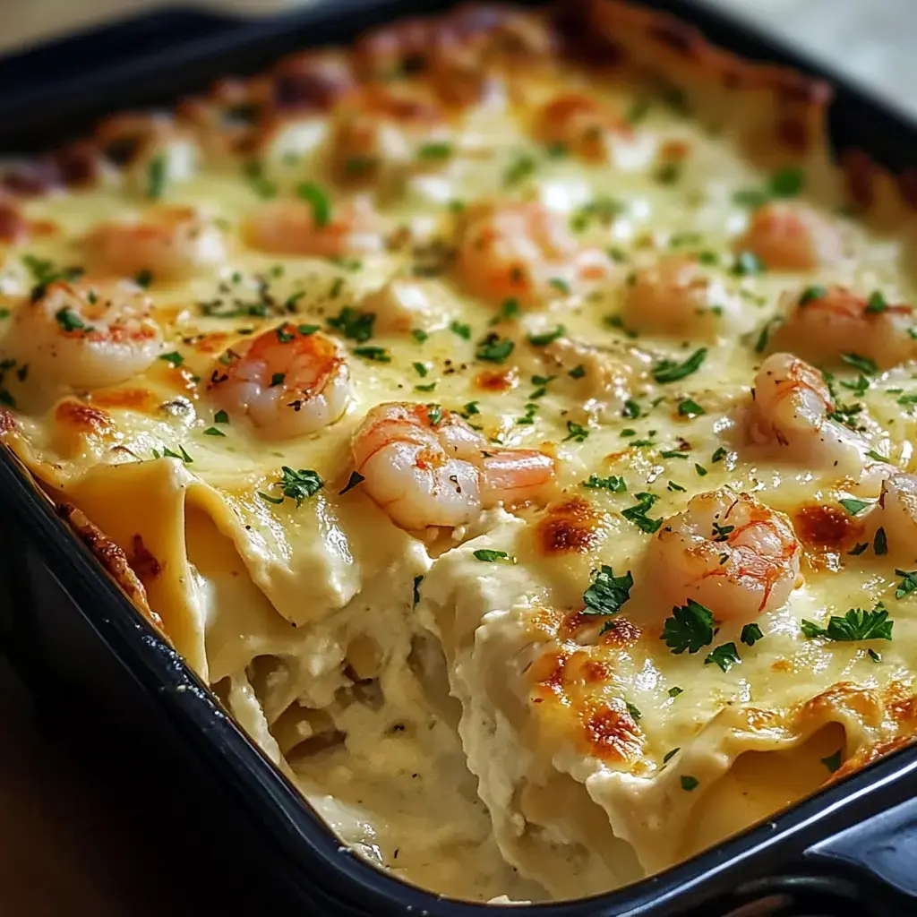 A creamy seafood lasagna topped with shrimp and parsley in a baking dish.