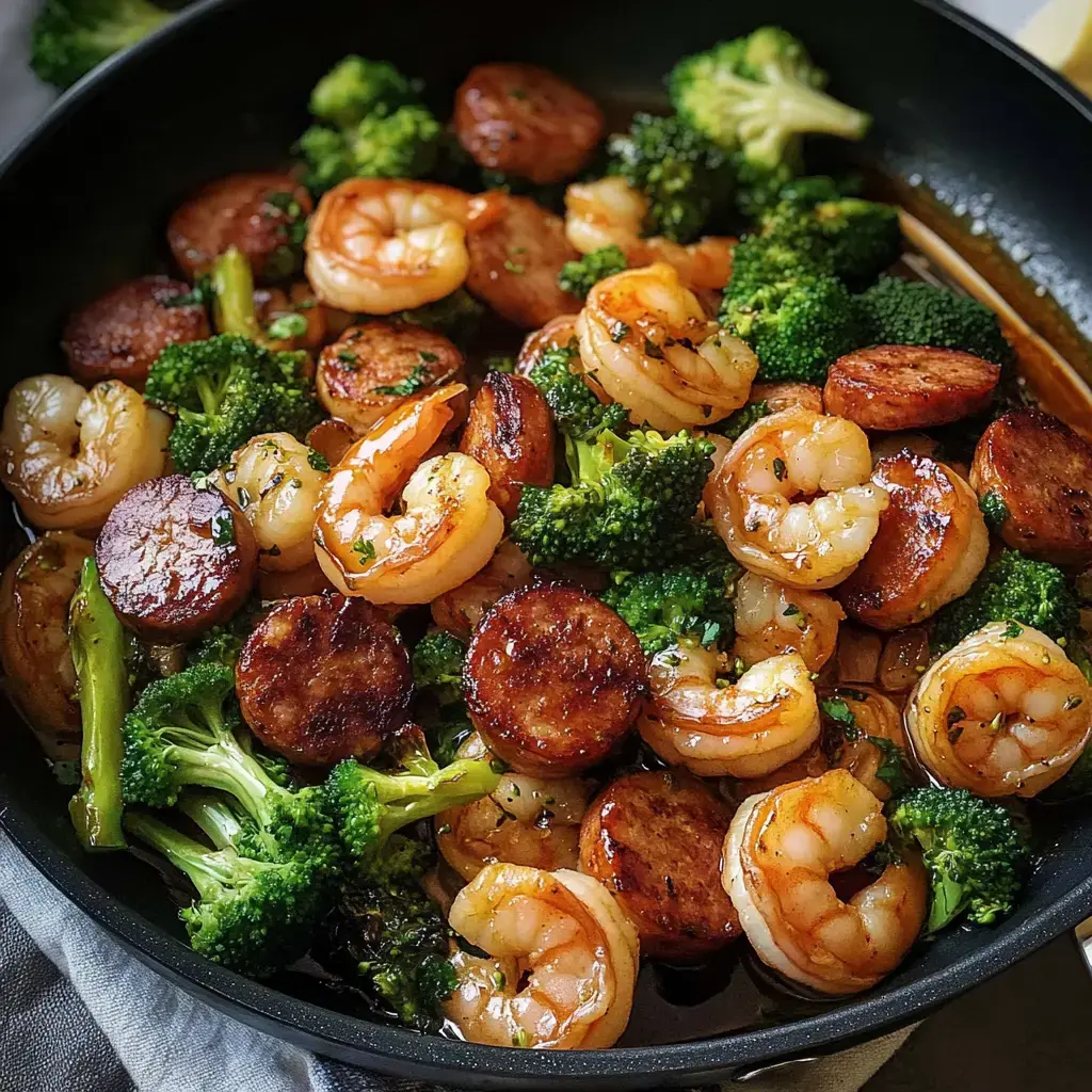 A skillet dish featuring sautéed shrimp and sliced sausage mixed with vibrant broccoli florets.