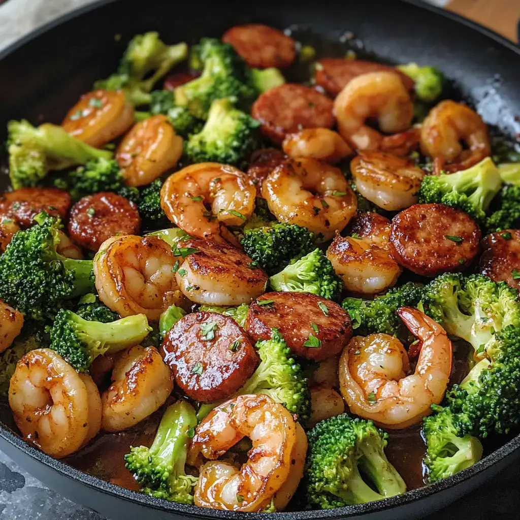 A sautéed dish featuring shrimp and sliced sausage mixed with vibrant broccoli in a skillet.