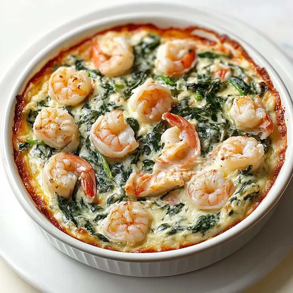 A baked dish featuring shrimp and spinach in a creamy sauce, topped with golden melted cheese.