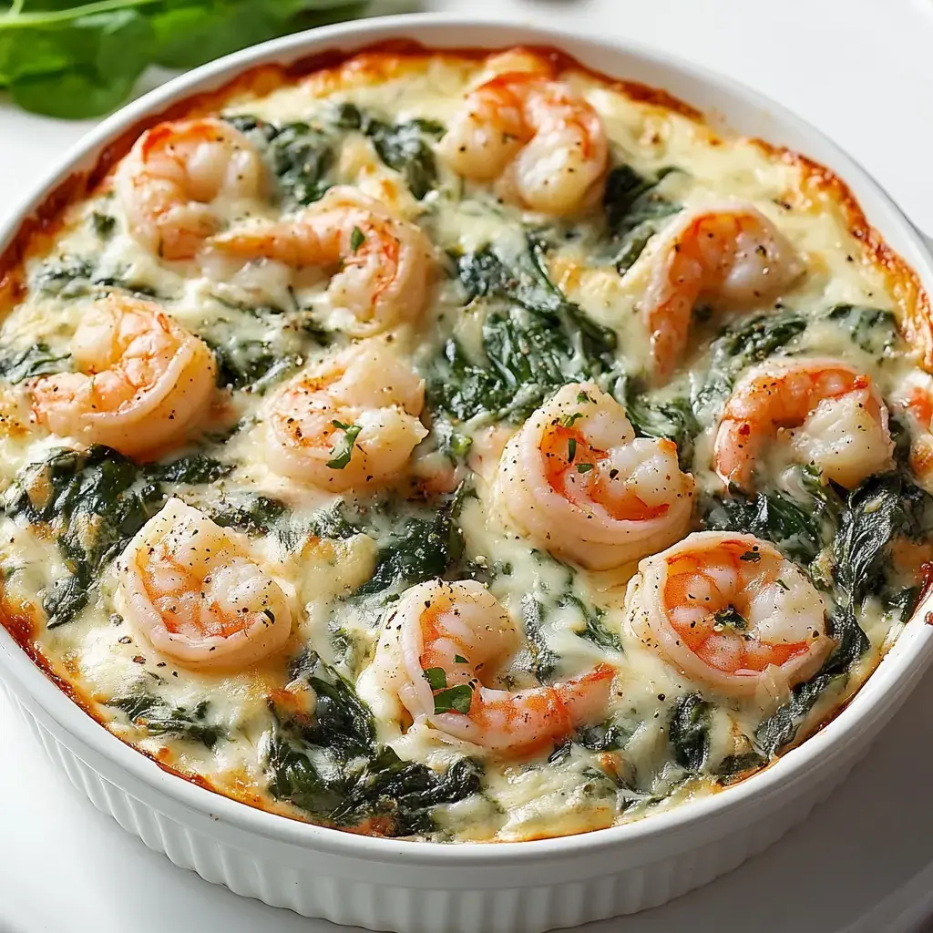 A creamy seafood dish featuring shrimp layered on a bed of spinach and cheese, baked until golden brown.