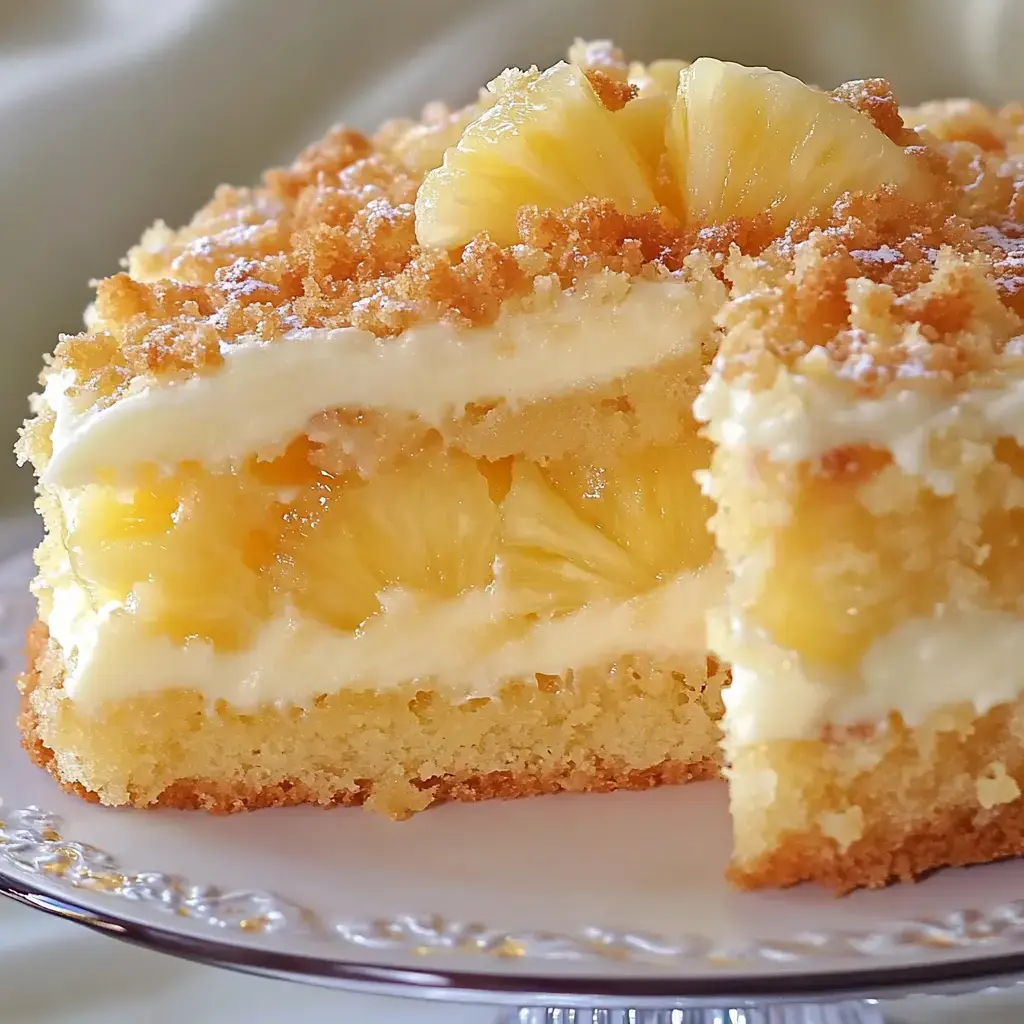 A close-up of a pineapple-layered cake with creamy frosting and a crumbly topping, showcasing a slice that reveals its filling.