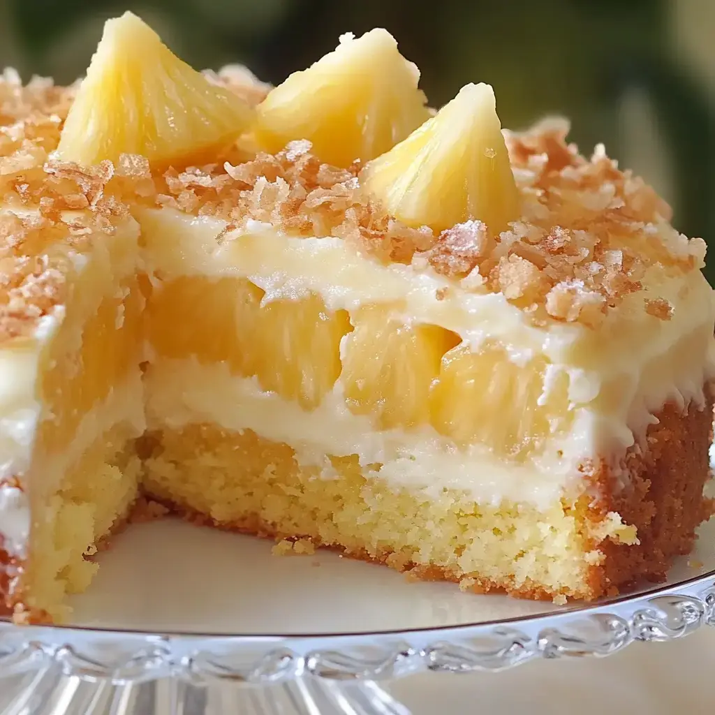 A slice of layered cake is displayed on a glass cake stand, featuring a creamy filling with pineapple chunks and topped with toasted coconut and pineapple triangles.