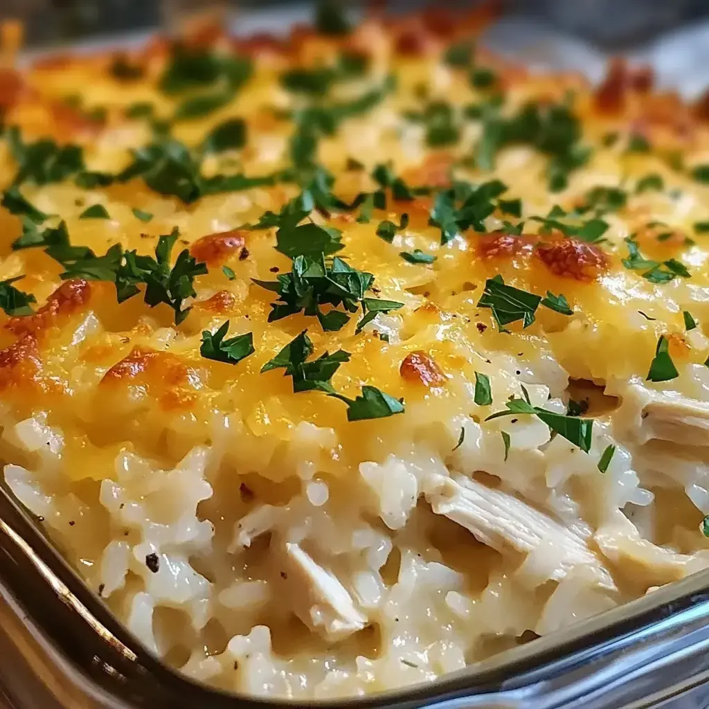 A close-up of a cheesy rice and chicken casserole topped with fresh parsley.