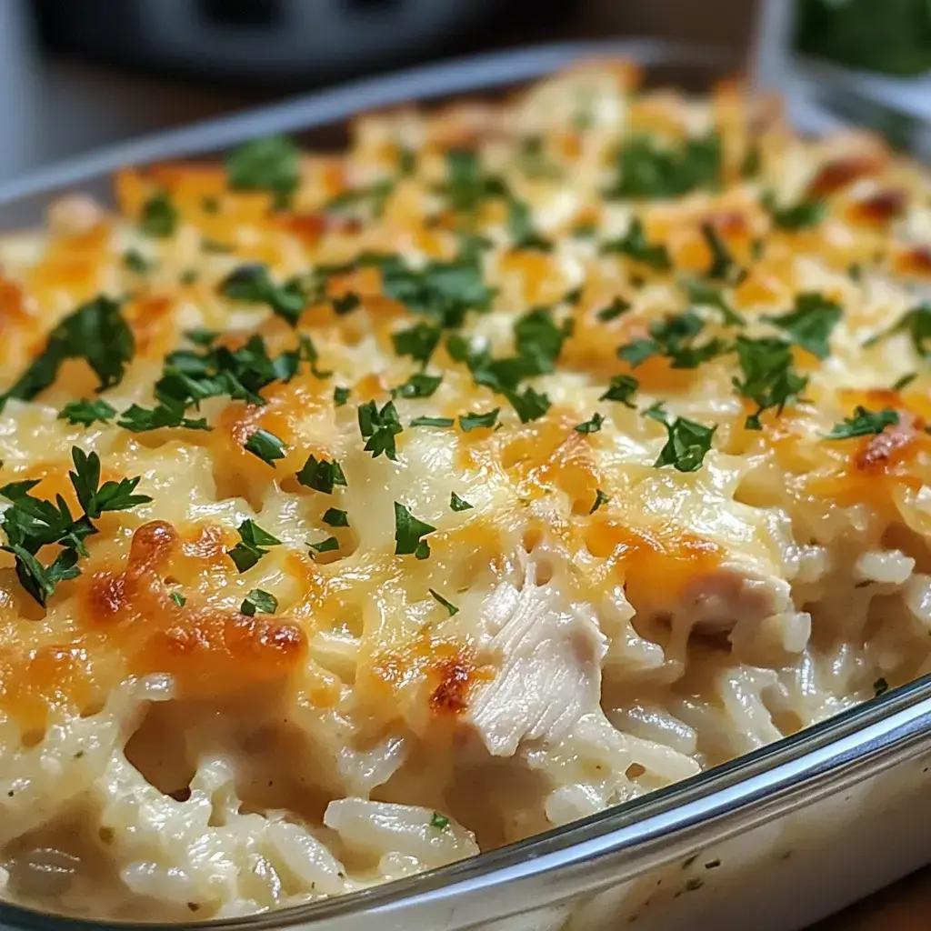 A close-up view of a creamy chicken and rice casserole topped with melted cheese and garnished with fresh parsley.