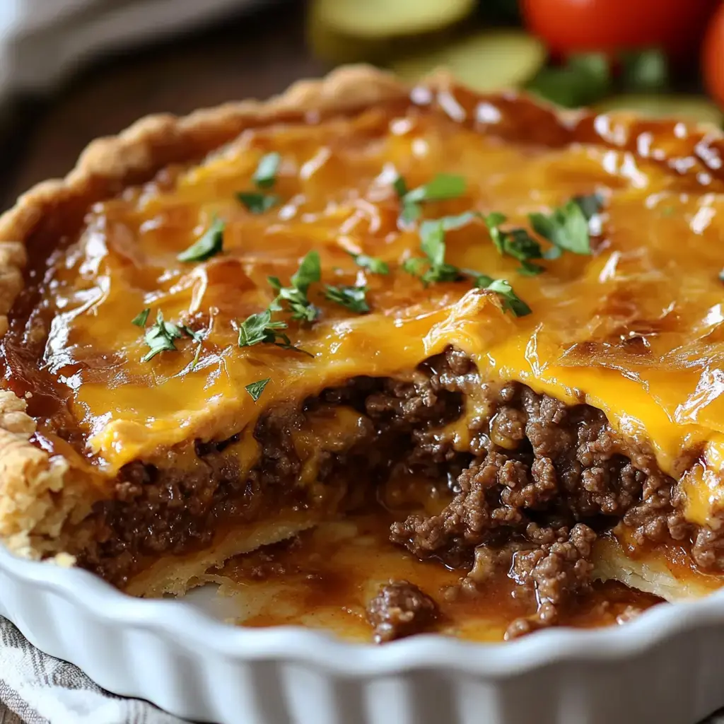 A close-up view of a cheesy beef pie with a golden crust, topped with parsley and served alongside fresh vegetables.