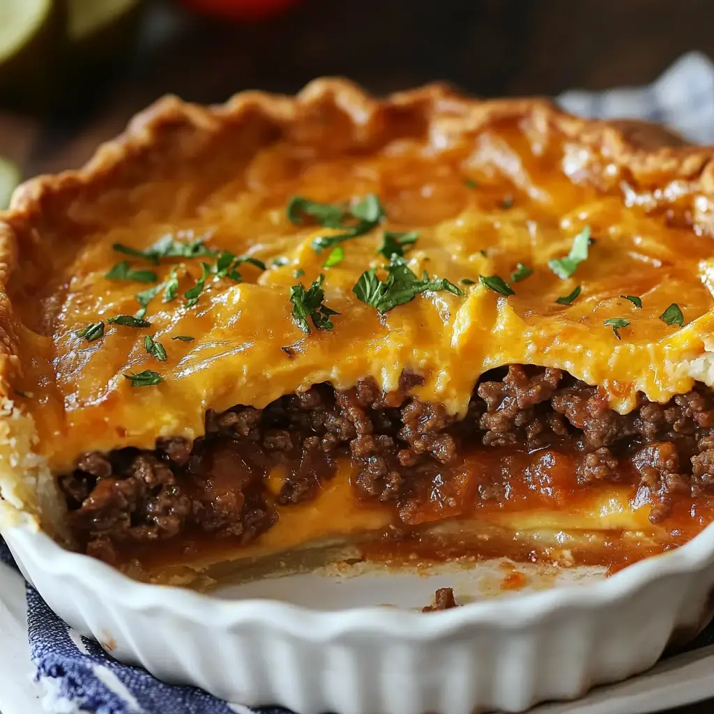 A baked meat pie with a golden crust, topped with melted cheese and garnished with chopped parsley.