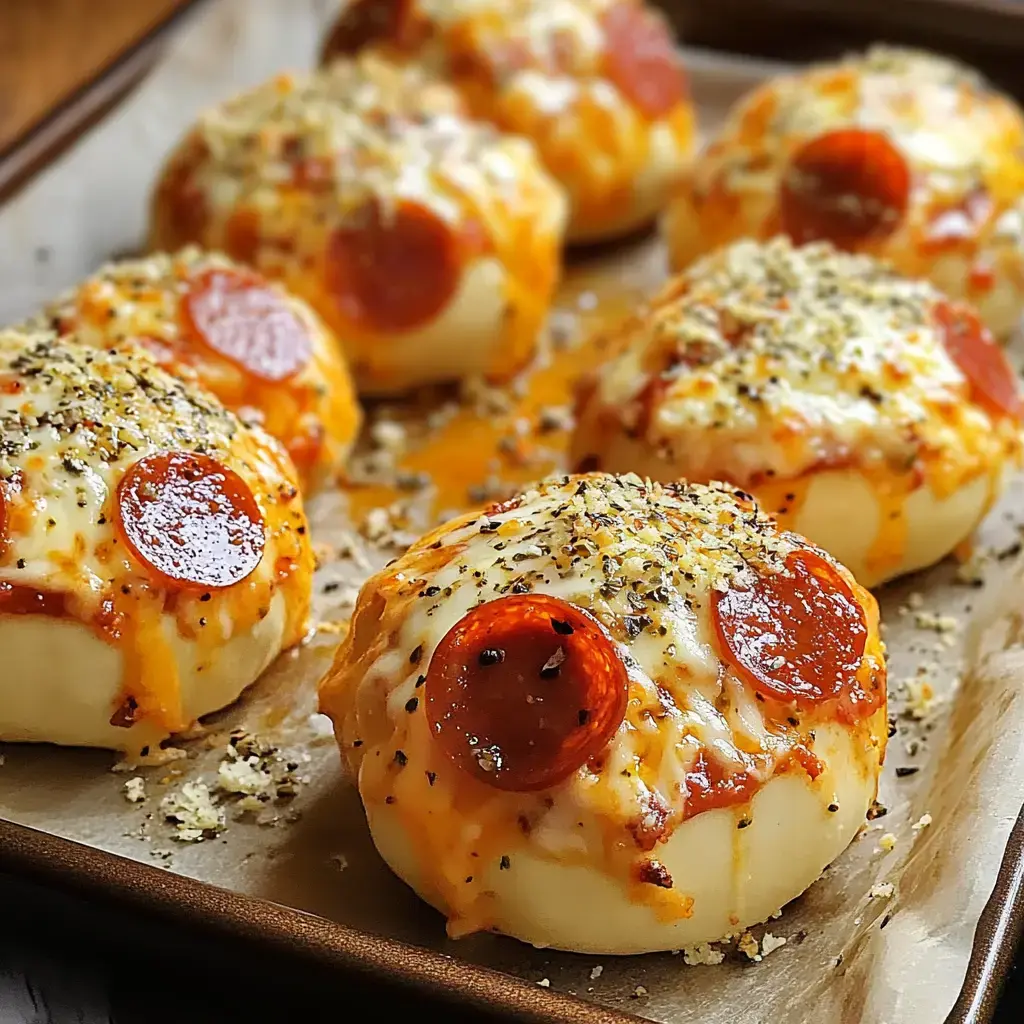 A tray of freshly baked dough balls topped with melted cheese, pepperoni slices, and herbs.