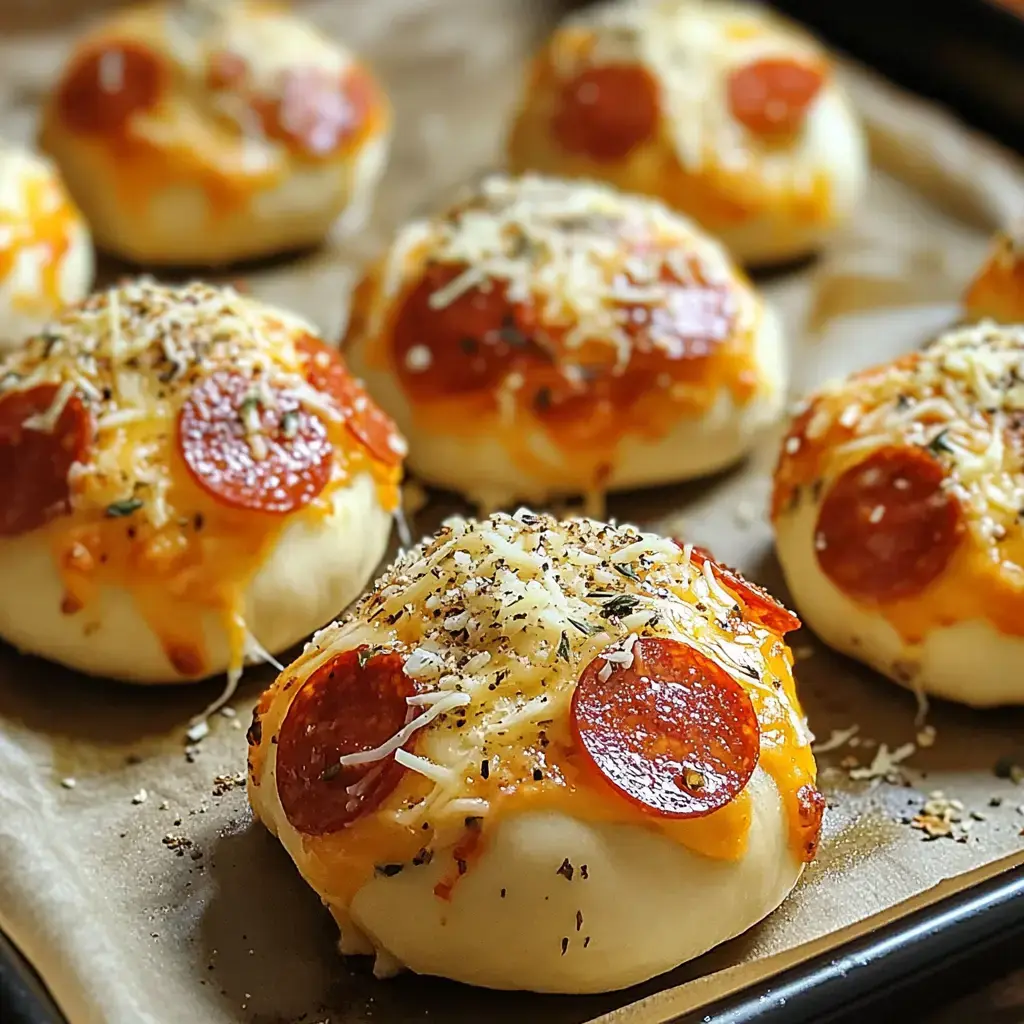 A tray of freshly baked, cheesy pepperoni rolls, sprinkled with herbs and spices, sitting on parchment paper.