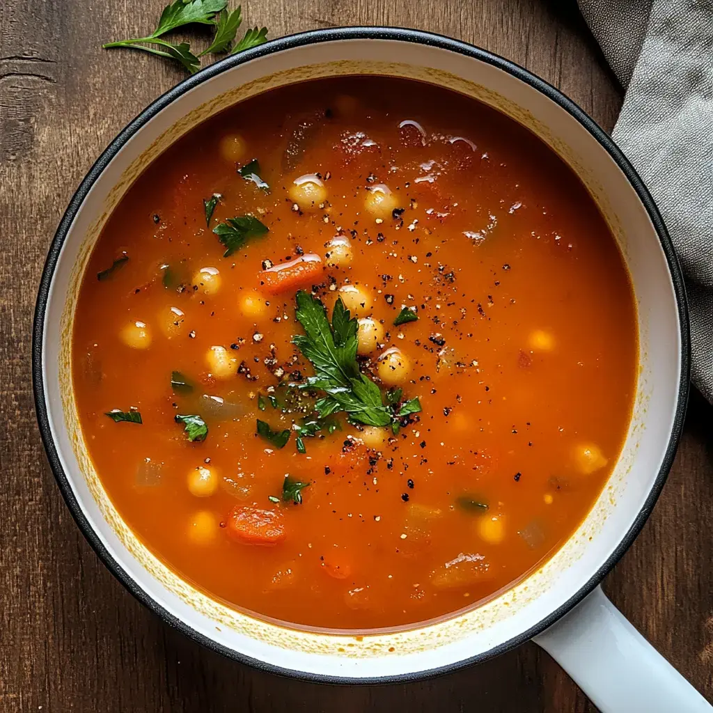 A bowl of vibrant tomato soup garnished with parsley, containing vegetables and small pasta, is presented on a wooden table.