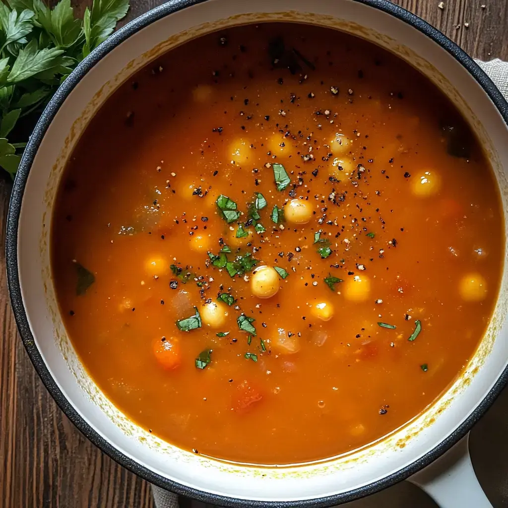 A close-up view of a bowl of colorful vegetable soup garnished with chopped herbs and spices.