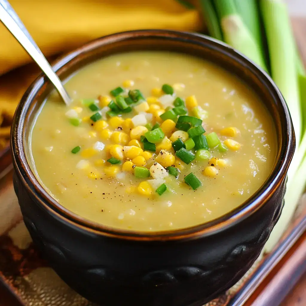 A bowl of creamy corn soup garnished with diced green onions and fresh corn kernels.