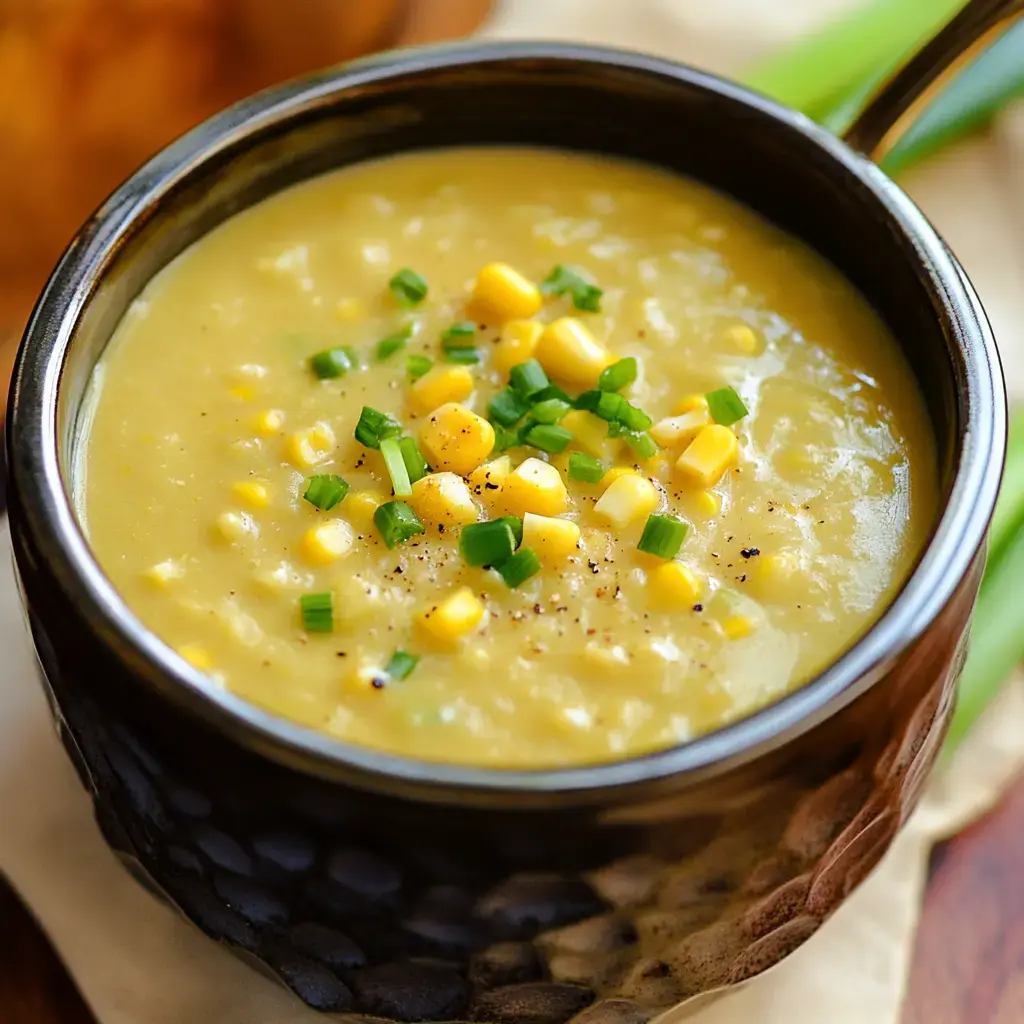 A close-up of a creamy corn soup topped with fresh corn kernels and chopped green onions in a dark bowl.