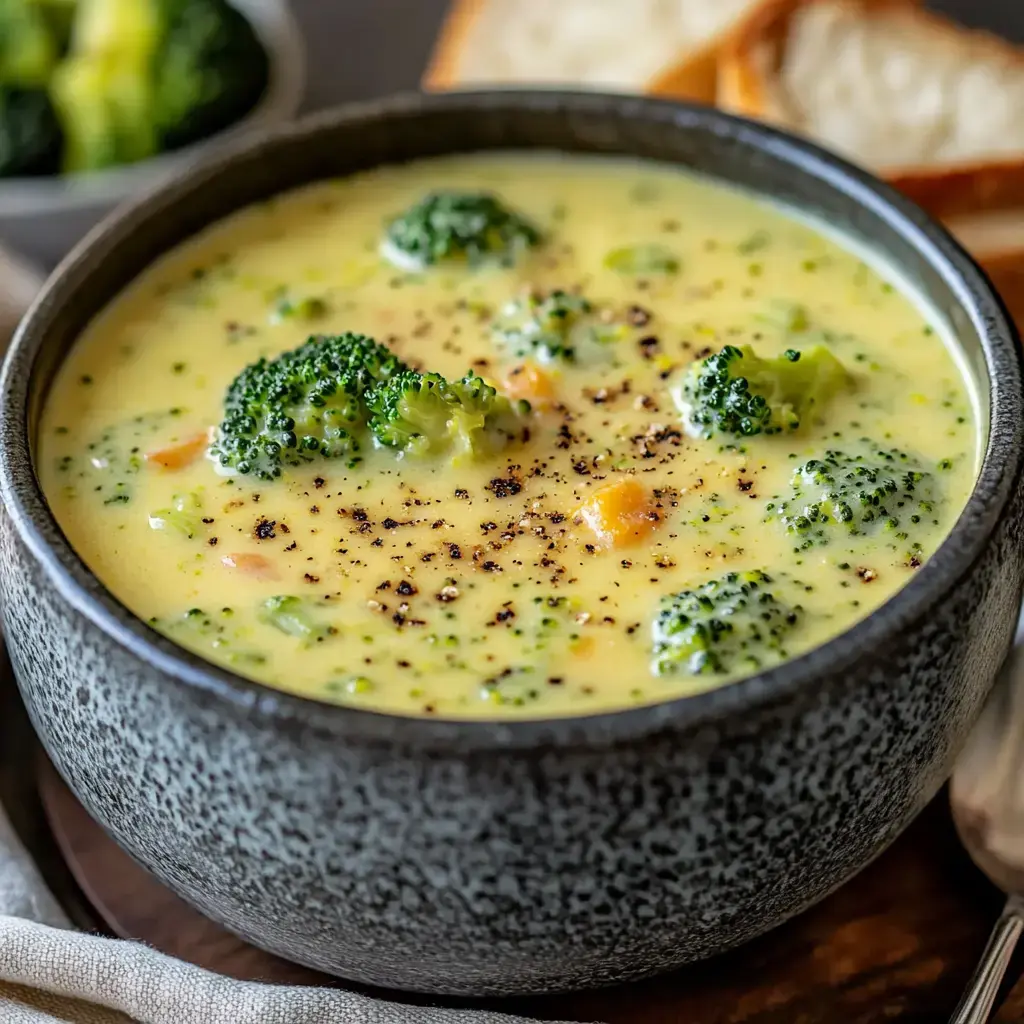 A bowl of creamy broccoli cheese soup garnished with freshly cracked black pepper and accompanied by slices of bread.