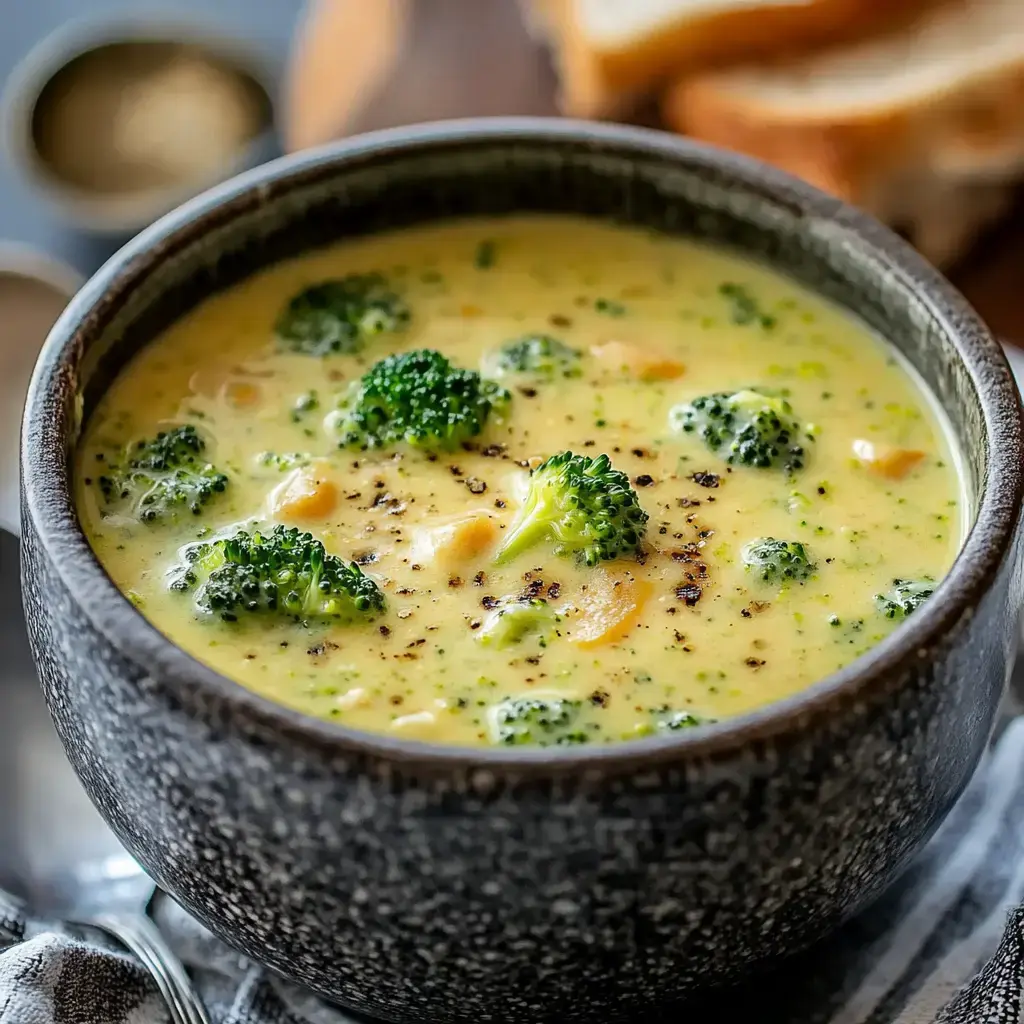 A bowl of creamy broccoli cheese soup garnished with broccoli florets and black pepper, accompanied by slices of bread in the background.