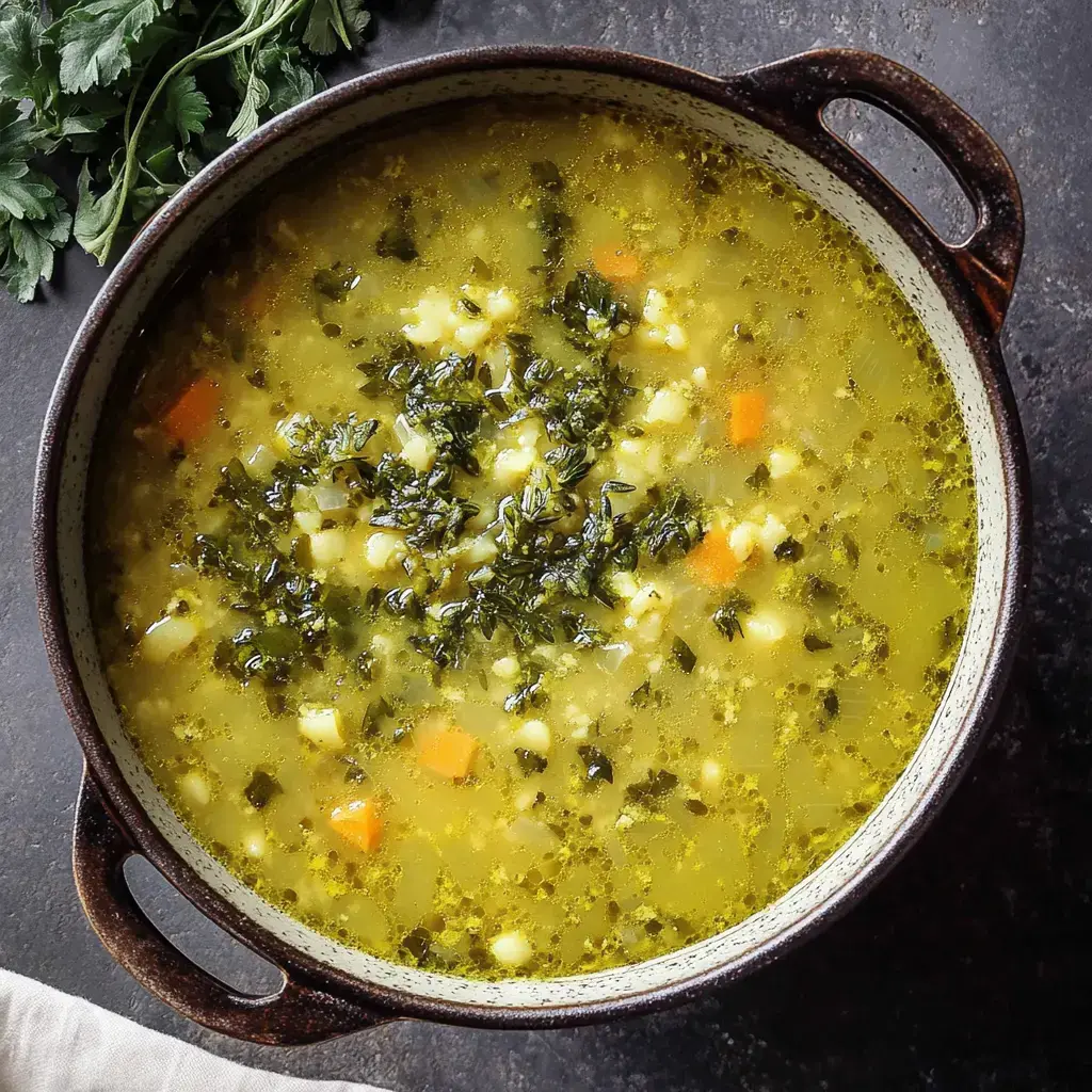 A hearty bowl of green vegetable soup is garnished with fresh herbs and served in a dark, rustic pot.