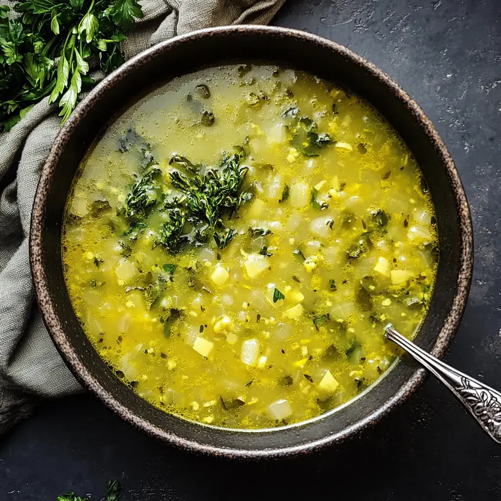 A rustic bowl of yellow-green soup is garnished with fresh herbs, surrounded by a textured cloth and greens.