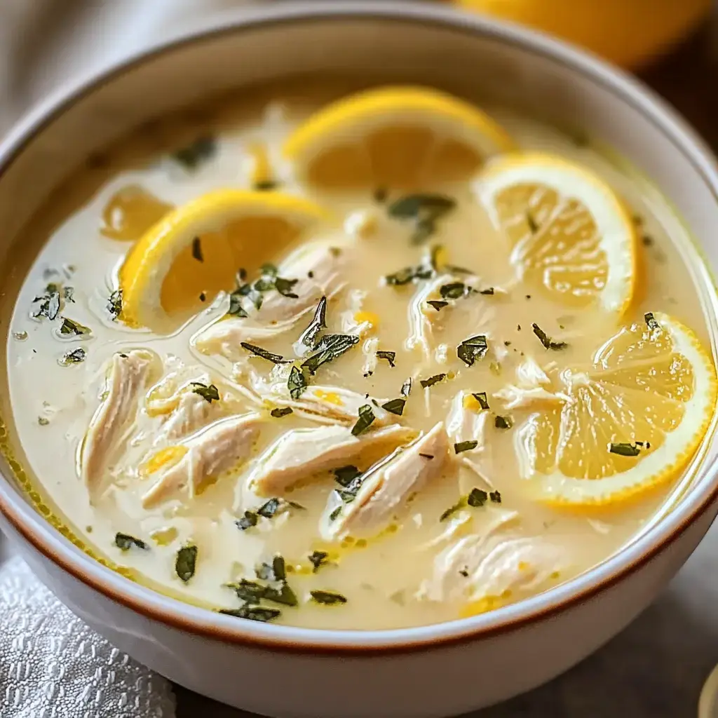 A bowl of creamy chicken soup with lemon slices and fresh herbs, garnished with green leaves.