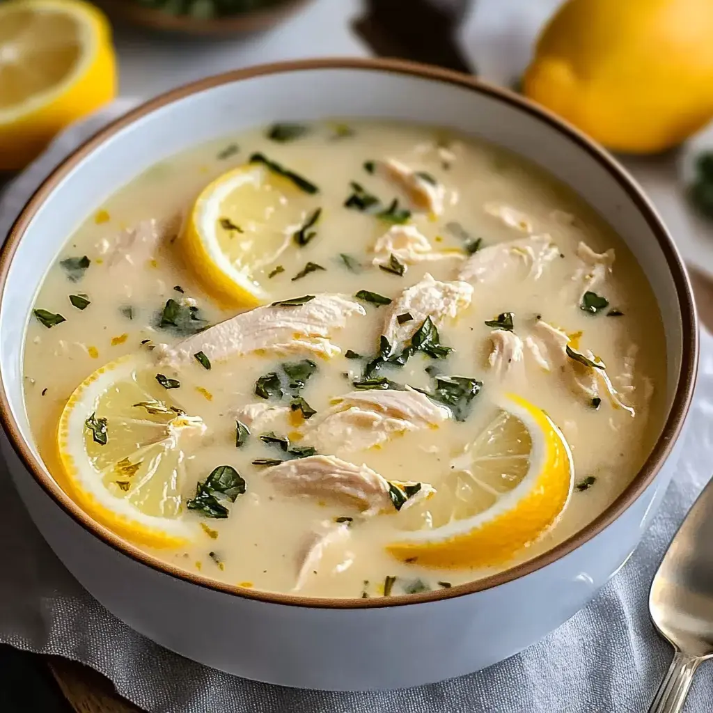 A bowl of creamy chicken soup garnished with lemon slices and fresh herbs.