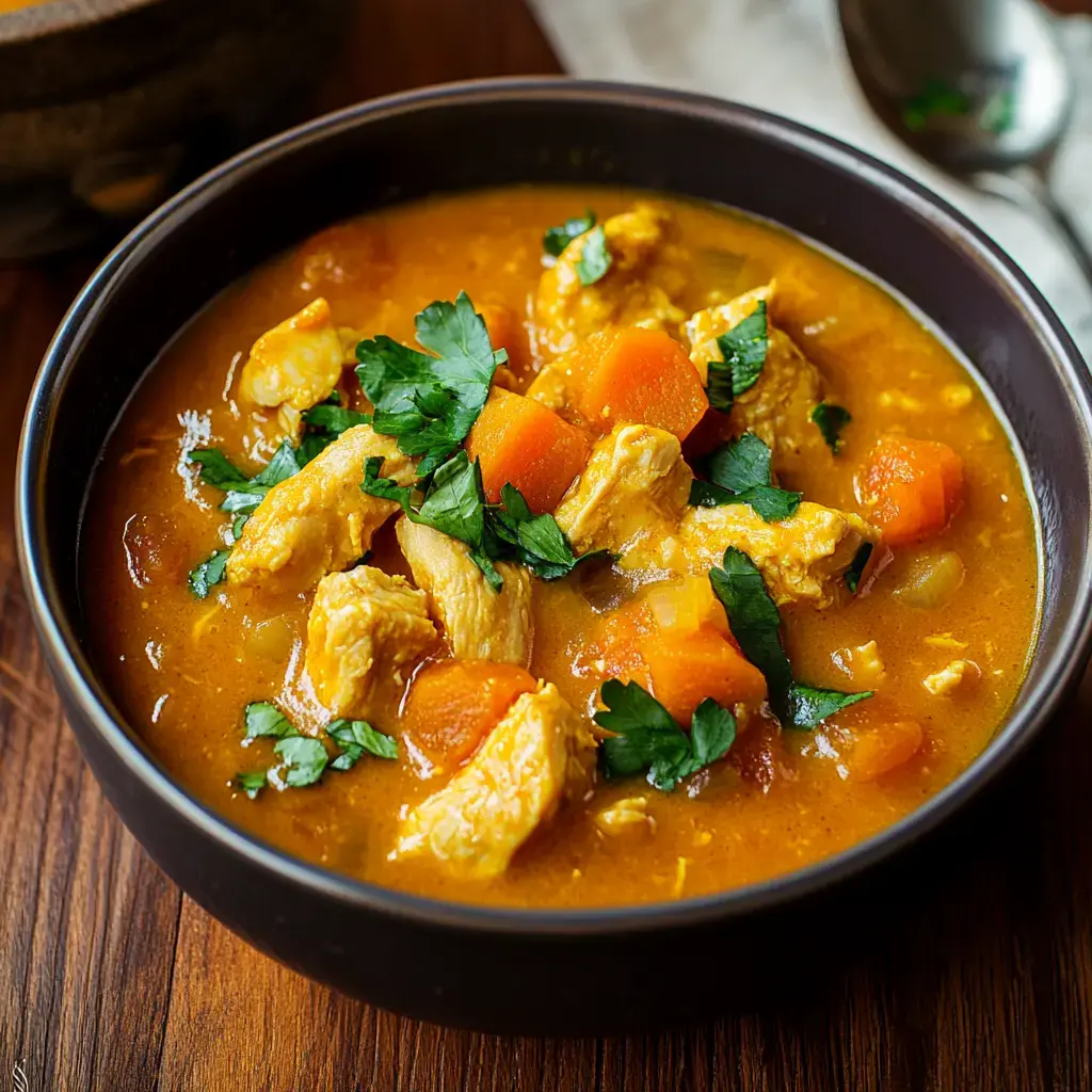 A bowl of chicken soup with carrots and fresh parsley on a wooden surface.