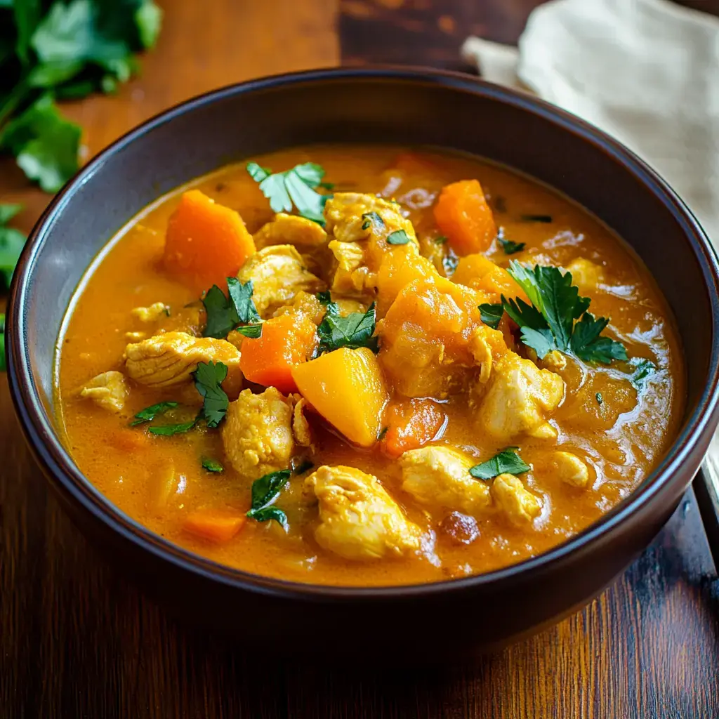 A bowl of chicken and vegetable stew garnished with fresh parsley.