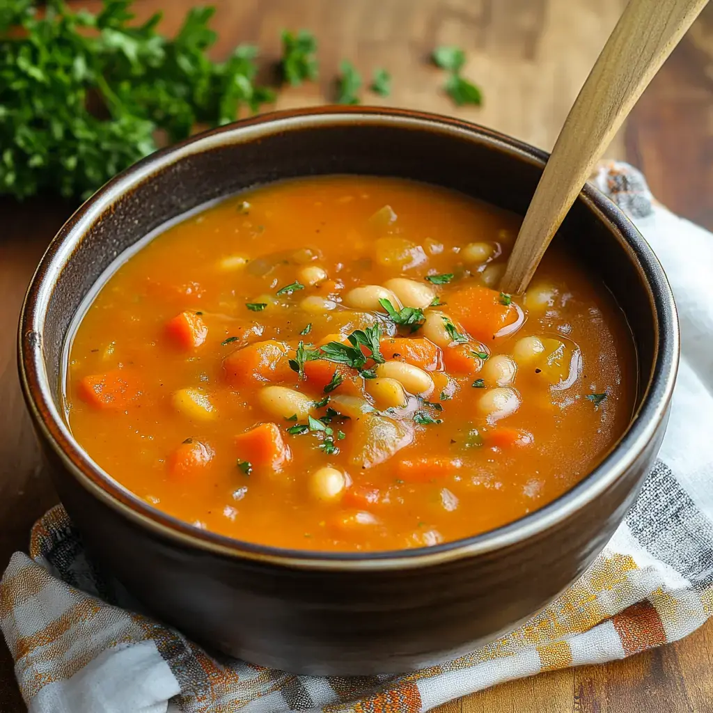 A bowl of hearty vegetable and bean soup, garnished with fresh herbs, sits on a wooden surface.