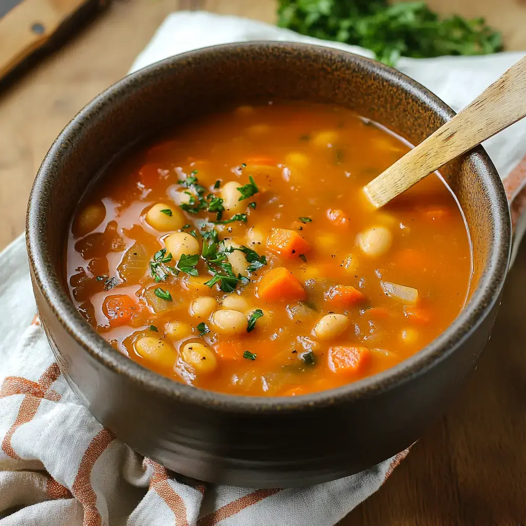 A bowl of hearty vegetable soup with beans and carrots, garnished with fresh herbs, sits on a wooden surface next to a cloth.