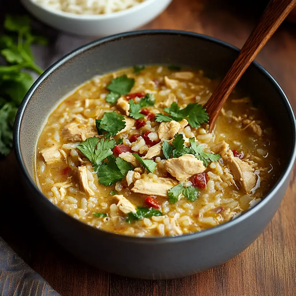 A bowl of hearty chicken soup with rice, topped with fresh cilantro and diced tomatoes, accompanied by a wooden spoon.